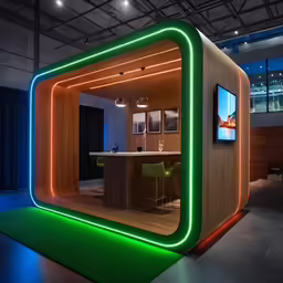 a room with lights and a bar inside