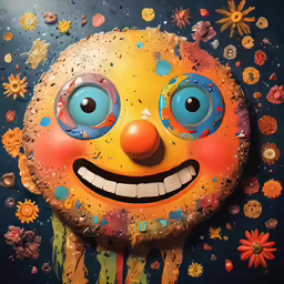 a painting of a clown with blue eyes