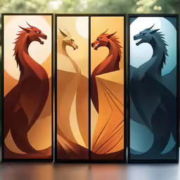 an image of three paintings depicting two different animals