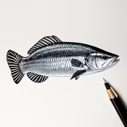 a fish next to a pen on a table