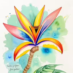 a watercolor painting of a tropical plant,a painting of a flower that is sitting on top of a plant