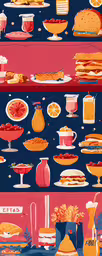 the illustration shows an assortment of foods and drinks,a series of colorful and detailed drawings