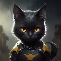 a black cat with yellow eyes and an armor