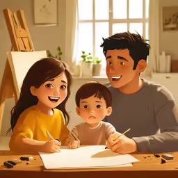 man and woman sitting at a table with their young son in the background