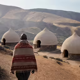 a man wearing a large blanket walking towards several building