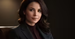 a woman with dark hair, wearing a black jacket, sitting in a chair