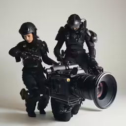 two figures wearing police gear and helmets stand beside an old camera