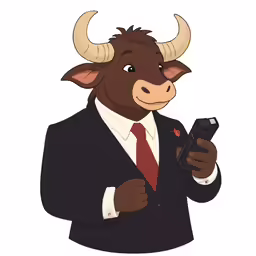 a cartoon bull dressed in a suit and tie is looking at his cell phone