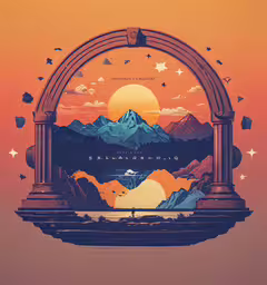 a sunset scene with an archway in the middle of it,a stylized illustration of a mountain lake and sun