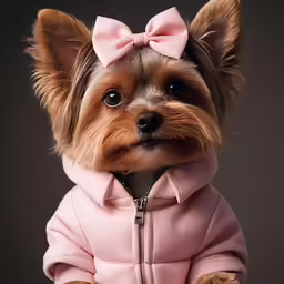 a brown dog with pink clothing and a pink bow tie