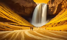 some people on a dirt road near a large waterfall