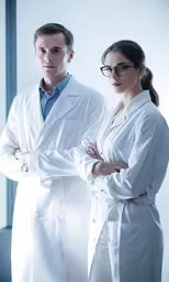 a young man and woman with white lab coats standing next to each other