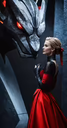 the woman is dressed in a red ball gown