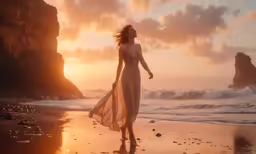 a woman walks on the beach in front of cliffs
