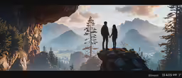 a couple stands on top of a rock formation in the sky above a mountain valley