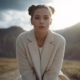 the young woman has her arms crossed with her hands folded behind her back, looking pensive