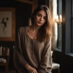 a woman in jeans and a brown sweater stands by a window