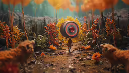 a child holds up a target in an artistic landscape