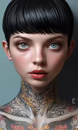 a woman with tattoos and piercings on her chest