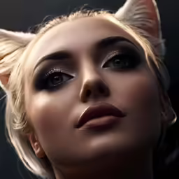 a woman with white cats eyeliner and a cat tail on her head