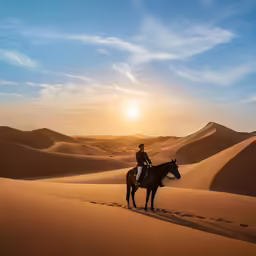a man is riding on a horse through the desert