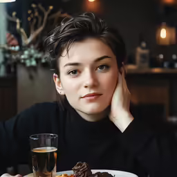 a woman is sitting at a table with dessert