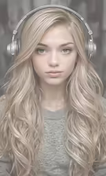 a woman with headphones on her ears is looking into the camera