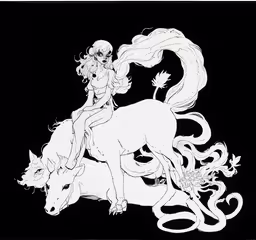 a drawing of a girl on a horse,the girl rides on a horse next to another animal
