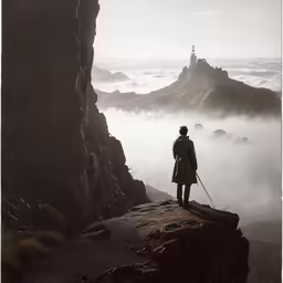 a person on a mountain with fog in the background