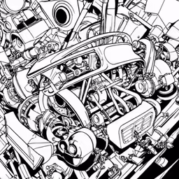 the engine drawing by person is outlined in black and white