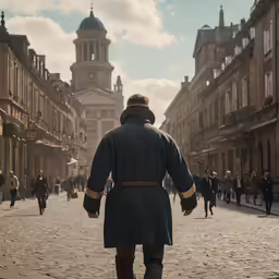 a man in a coat walks down a street