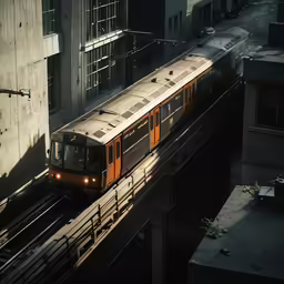 an aerial view of a train on a train track with buildings in the background