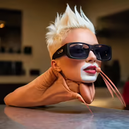a woman with blond hair and white makeup in sunglasses
