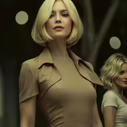 a woman wearing a short beige dress standing next to another woman