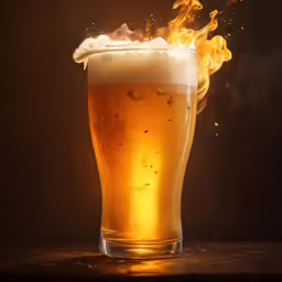 a close up of a glass of fire on a table