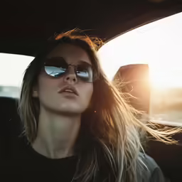 a young woman wearing sunglasses while sitting in a car