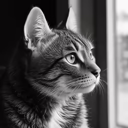 a cat stares intently at something outside a window