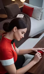 a woman sits on a couch and looks down