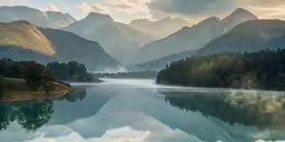 a lake is surrounded by trees with clouds