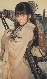 a beautiful young lady wearing a brown outfit holding a sword