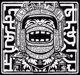 the design for a mexican style t - shirt featuring a native head with a large smile,the illustration of a smiling woman with elaborate head gear and weapons