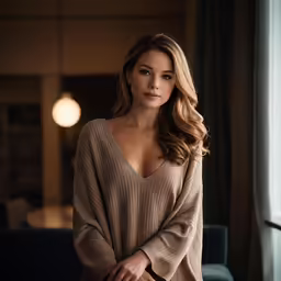 a woman posing in a room wearing an off - white sweater