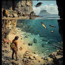 a woman in brown shirt standing on beach near a cave