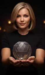 a woman standing and holding an award