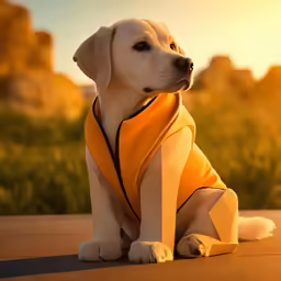 dog in jacket sitting on the ground during sun set