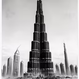 a very tall building is standing among some tall buildings