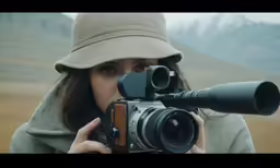 the woman is standing outside and taking pictures with a camera