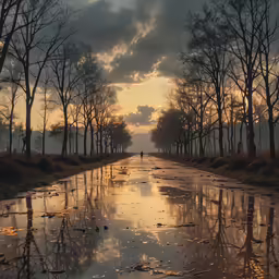 the sky is setting as a lone figure stands in the puddles