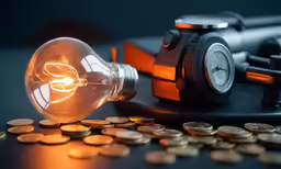 an assortment of gold coins surrounding a light bulb