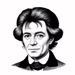 a black and white image of a man with his hair pulled back